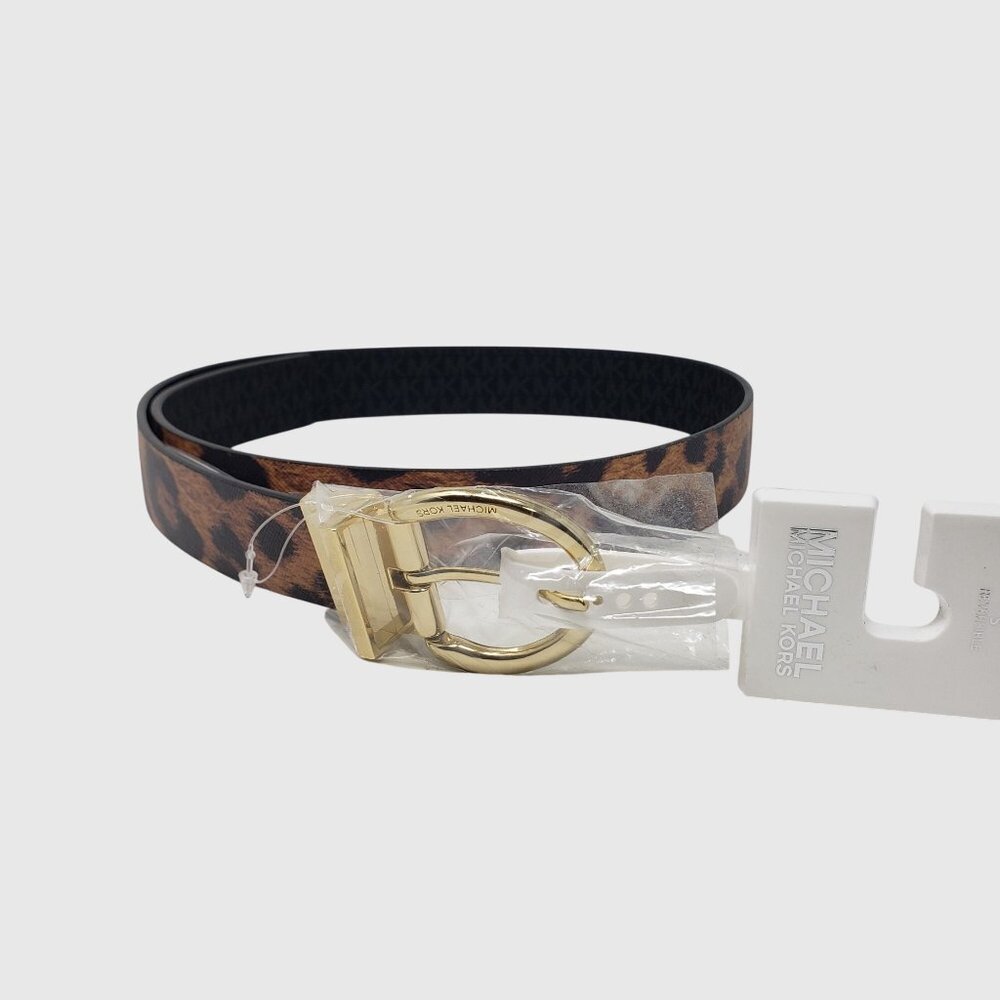 Michael Kors Reversible Twist Leopard/Black Small Belt With Gold Buckle